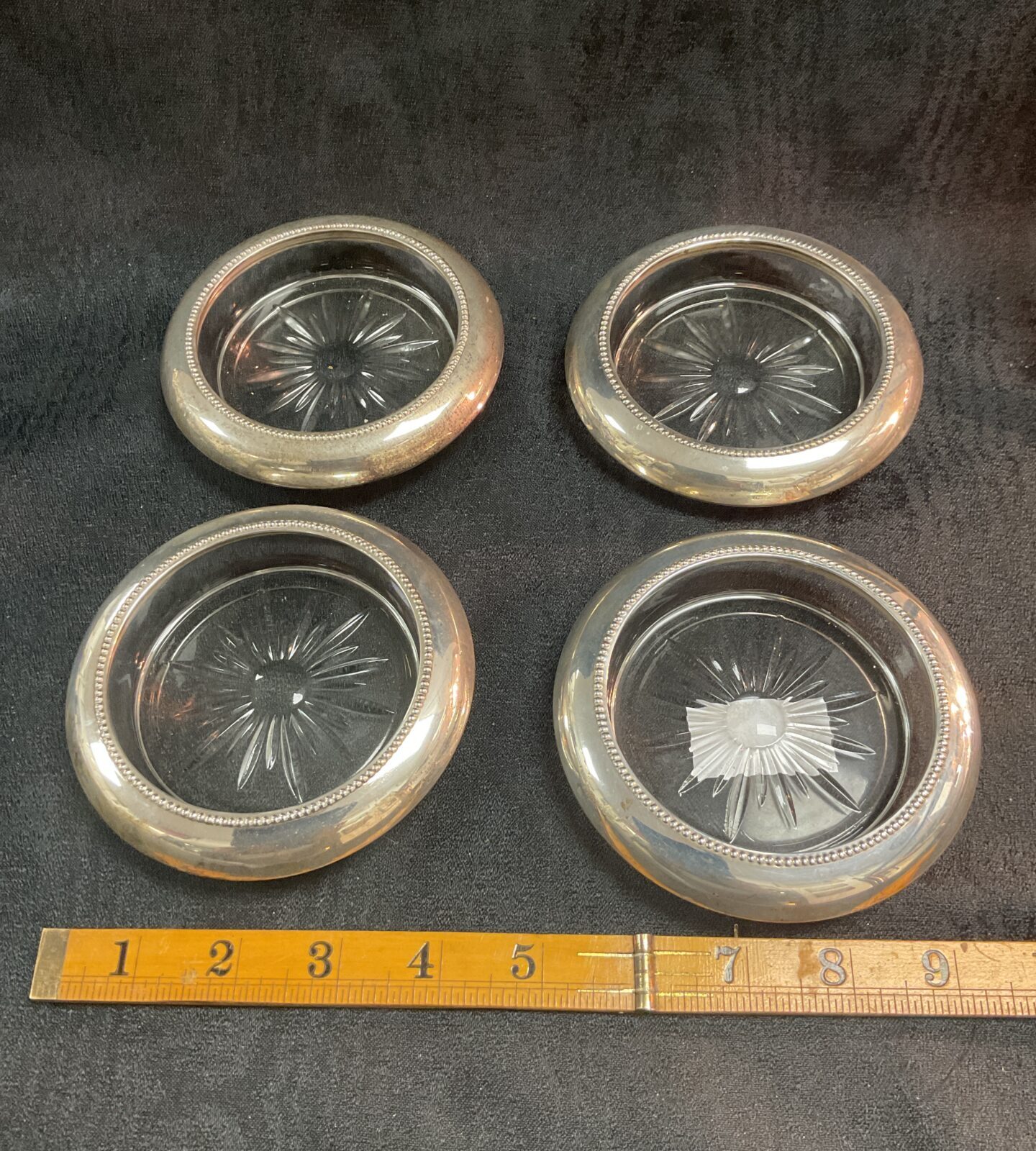 Set of four vintage silver and crystal coasters by Frank M Whiting.