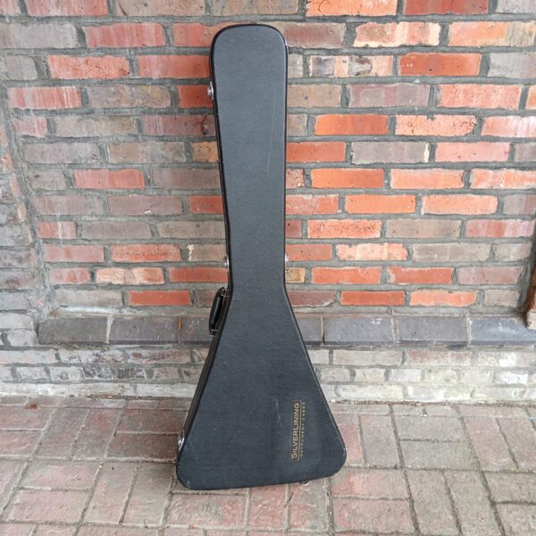 Front view of a black Silver Lining Flying V guitar case.