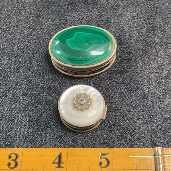 Vintage silver pill pot with malachite lid, collectible antique.