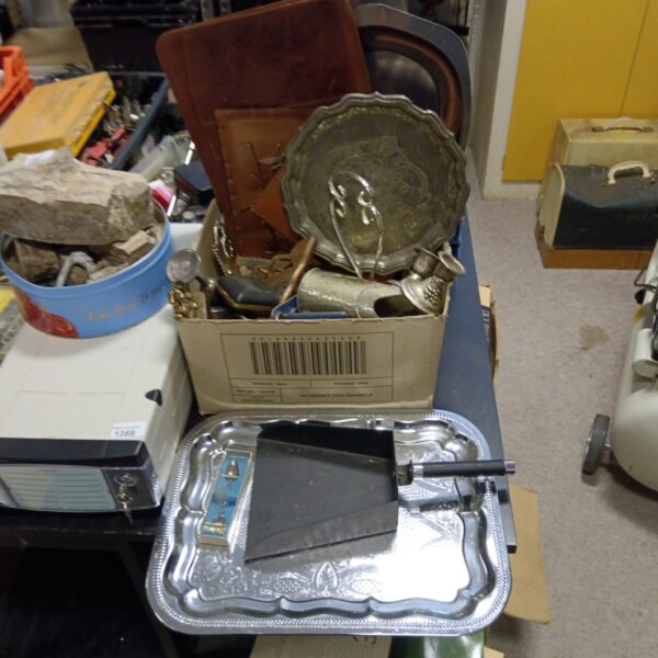 Vintage silver plate tray lot with mixed metalware.