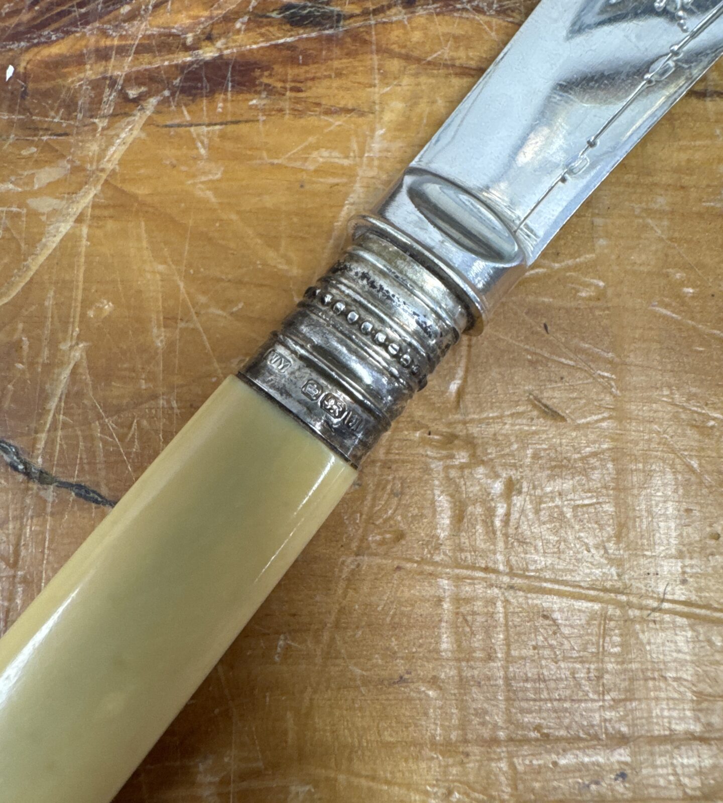 Close-up of silver plated fish fork and knife with hallmarked silver collar.