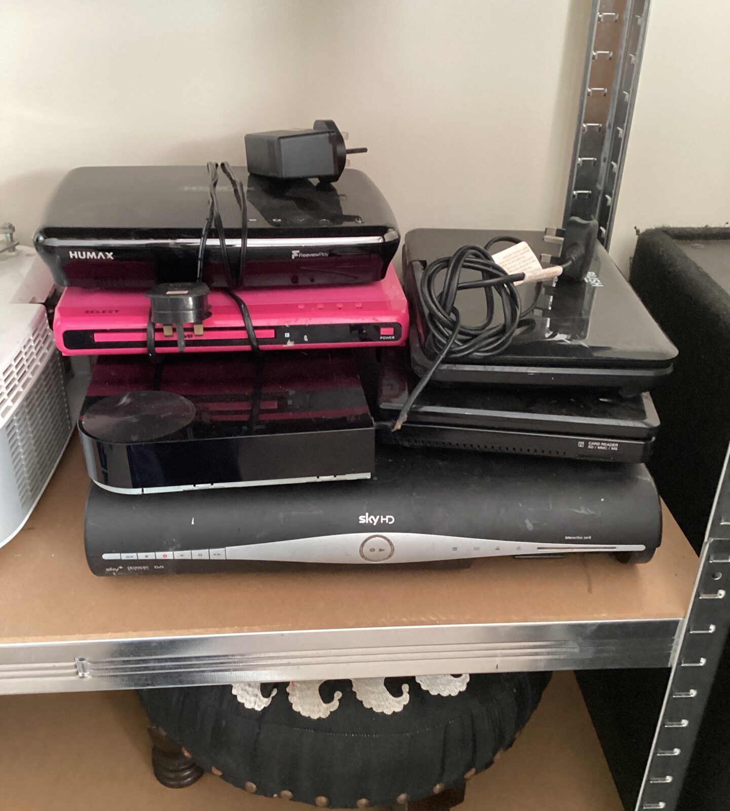 Sky HD box and Humax Freeview box bundle for home entertainment.