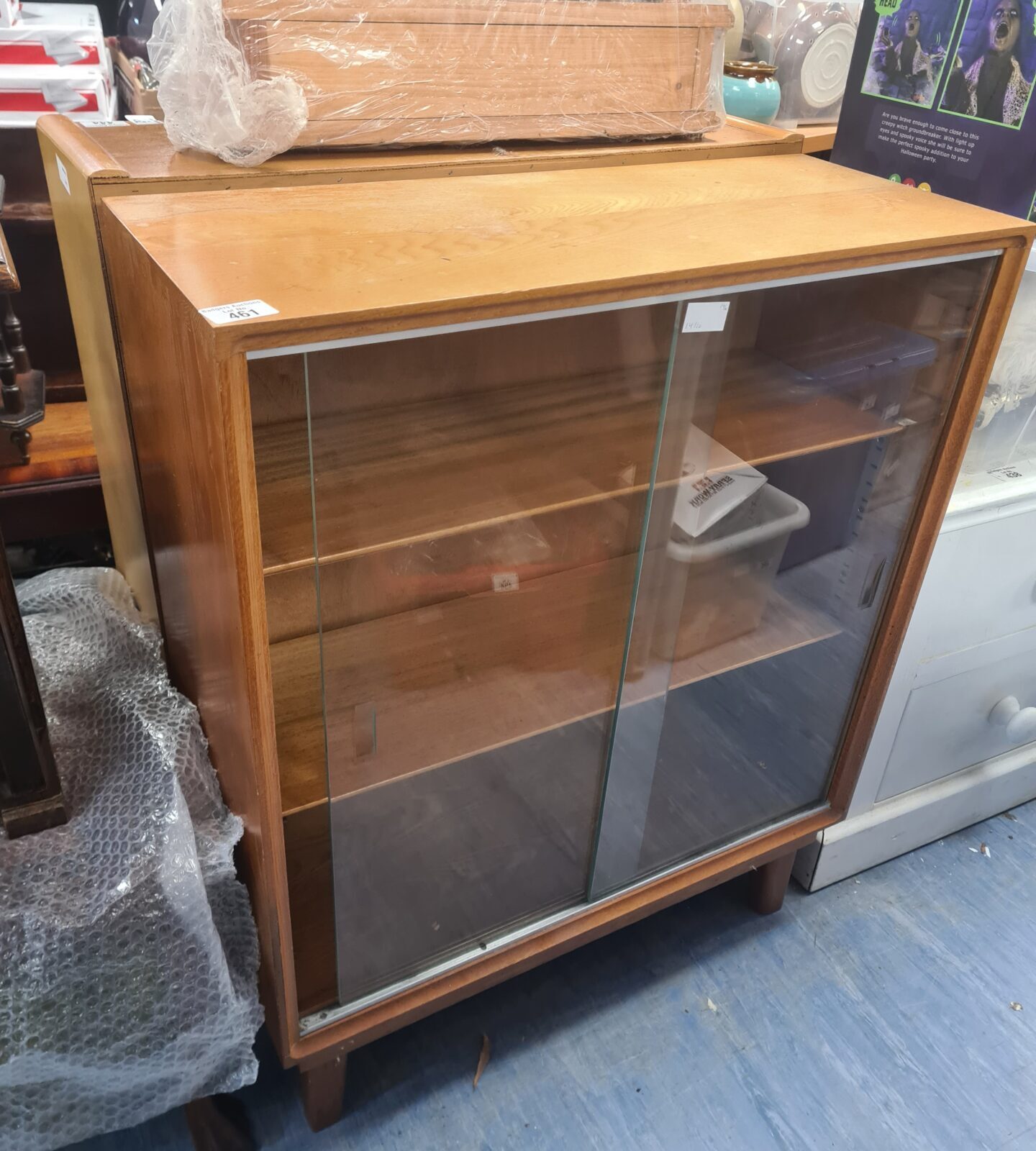 Vintage small oak glass fronted cabinet for display.