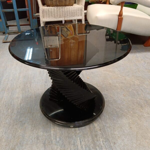 Black smoked glass helix table with sculptural base.