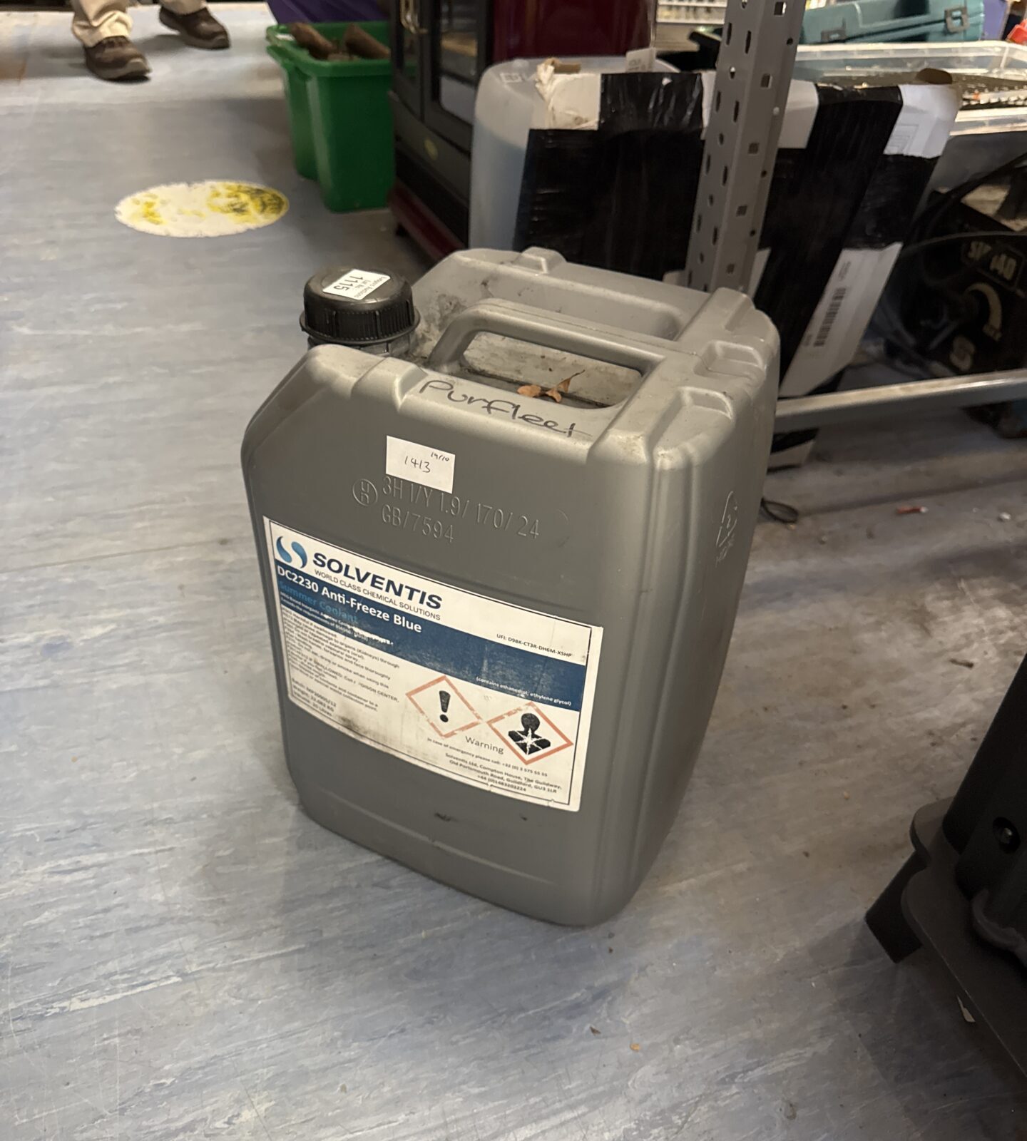 Large tub of Solventis blue antifreeze coolant for car engines.