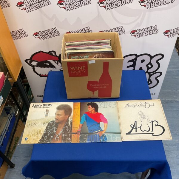 Collection of vintage Soul LPs in a cardboard box.