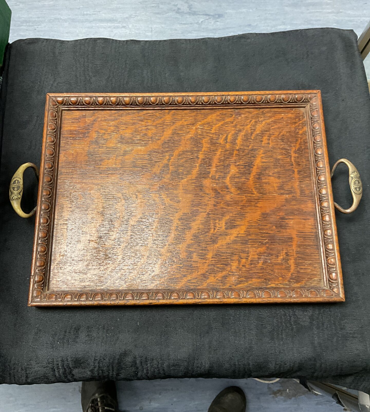 Antique St Dunstan’s WWI oak serving tray with brass handles.