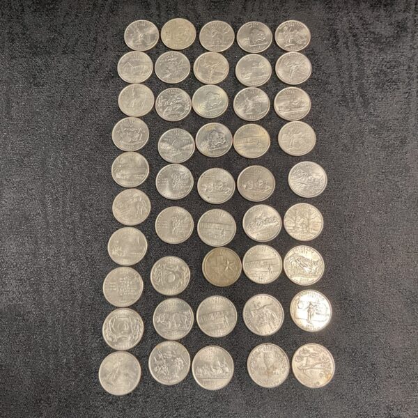 Lot of fifty US State Quarters for coin collectors.