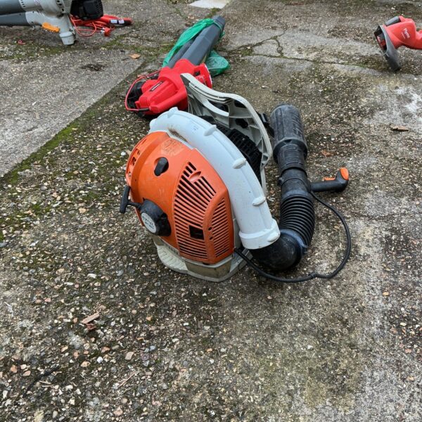 Front view of a used Stihl backpack leaf blower.