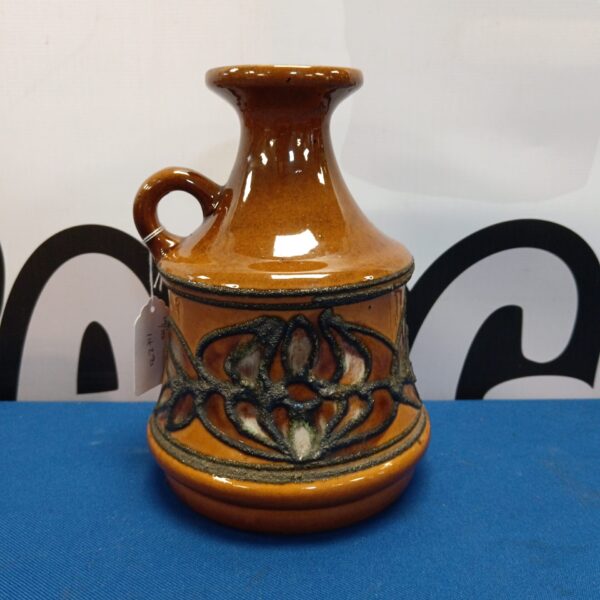 Vintage Strehla pottery jug from the 1970s with brown glaze.