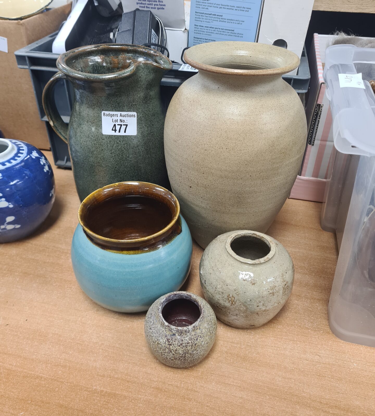 Vintage British studio pottery collection including Walton on Thames pieces.