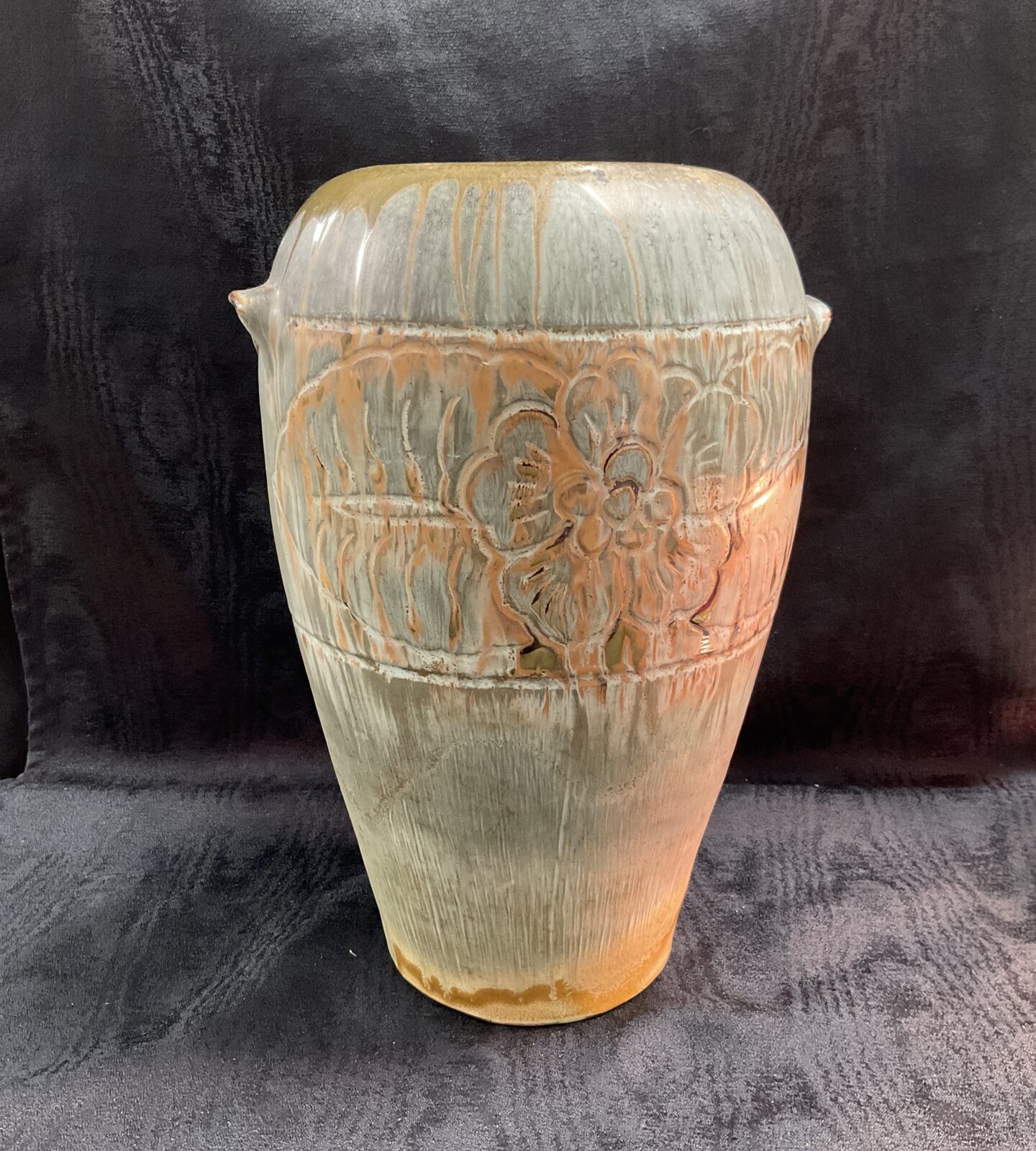 Textured studio pottery vase from Weston Super Mare, front view.
