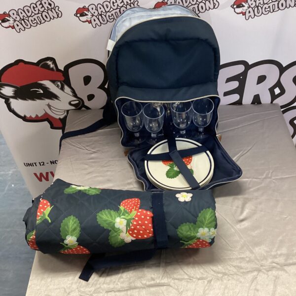 Floral picnic rucksack set with plates and glasses for outdoor dining.