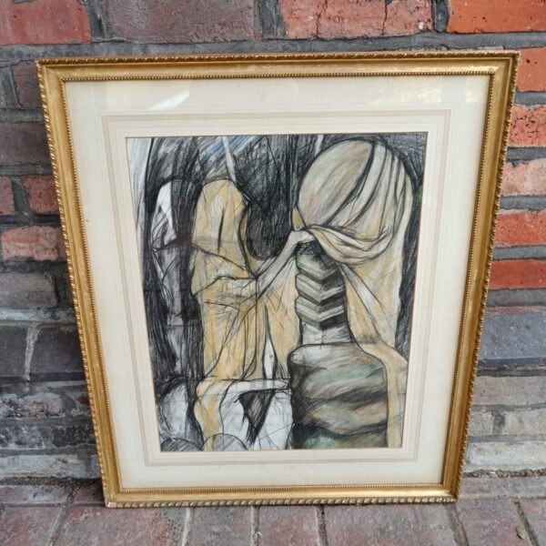 Vintage surrealist portrait pastel chalk drawing in gold frame.