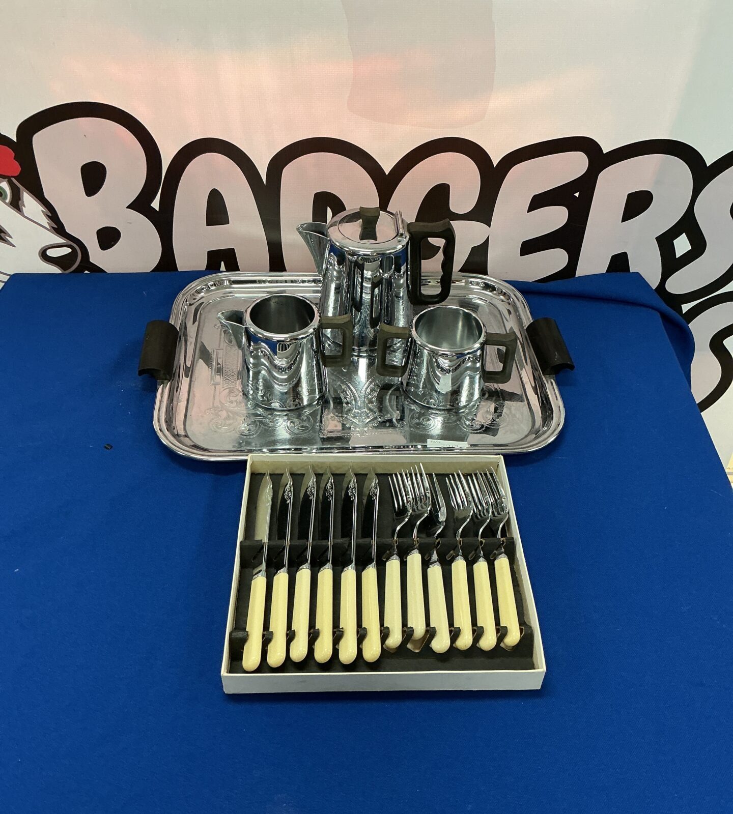 Vintage Swan stainless steel coffee set on a serving tray.
