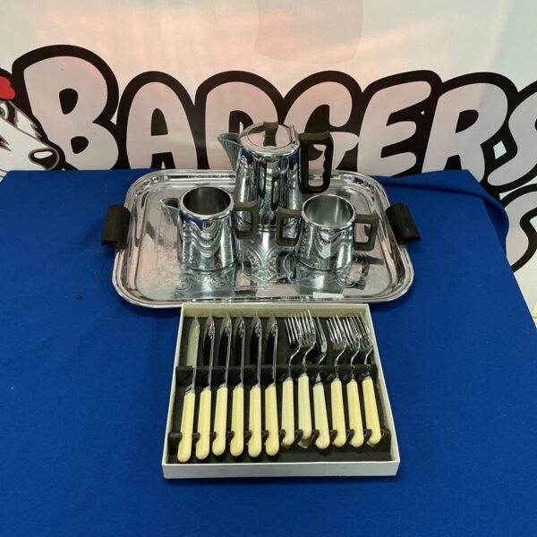 Vintage Swan stainless steel coffee set on a serving tray.