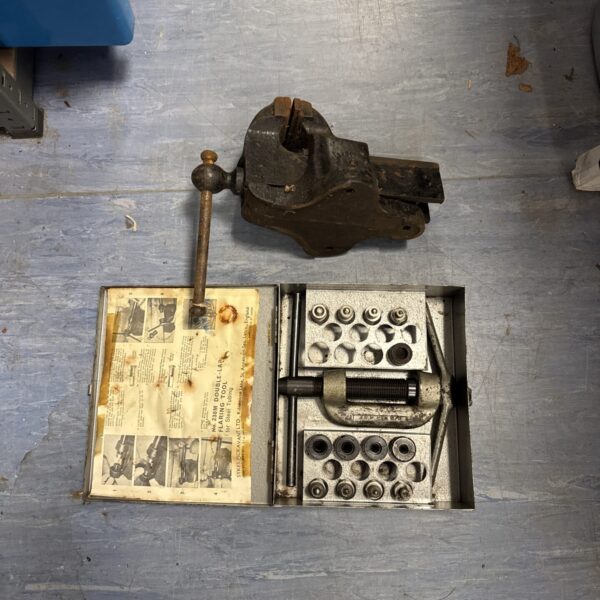 Vintage Sykes Pickavant flaring tool with bench vice for pipework.