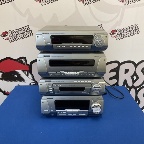 Vintage Technics HiFi system components including cassette deck and CD changer.