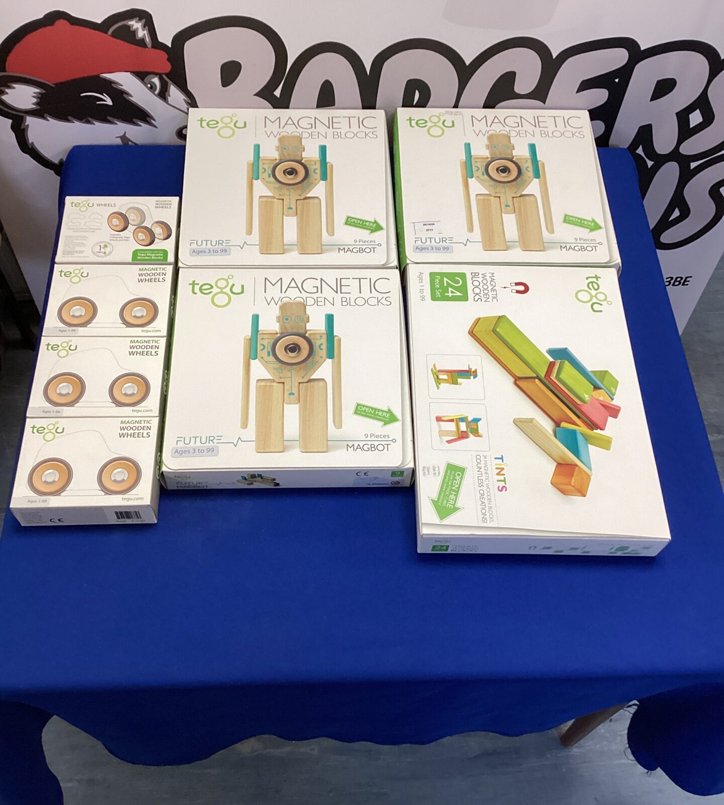 Colorful Tegu magnetic wooden blocks in a set of eight.