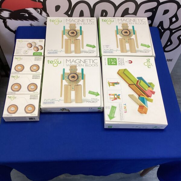 Colorful Tegu magnetic wooden blocks in a set of eight.