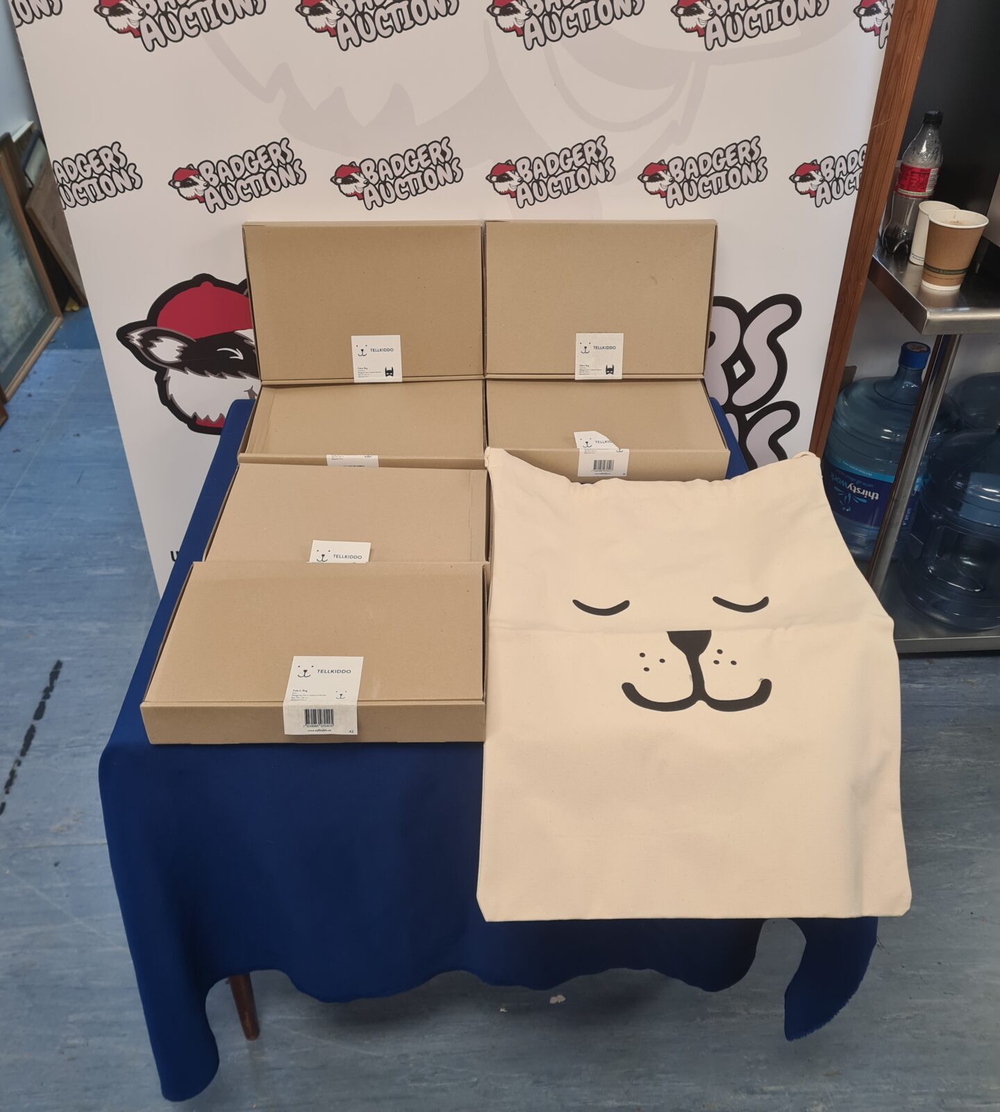 Six sealed boxes of Tellikiddo branded fabric bags stacked on a table.