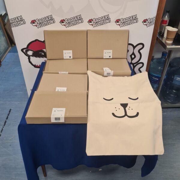 Six sealed boxes of Tellikiddo branded fabric bags stacked on a table.
