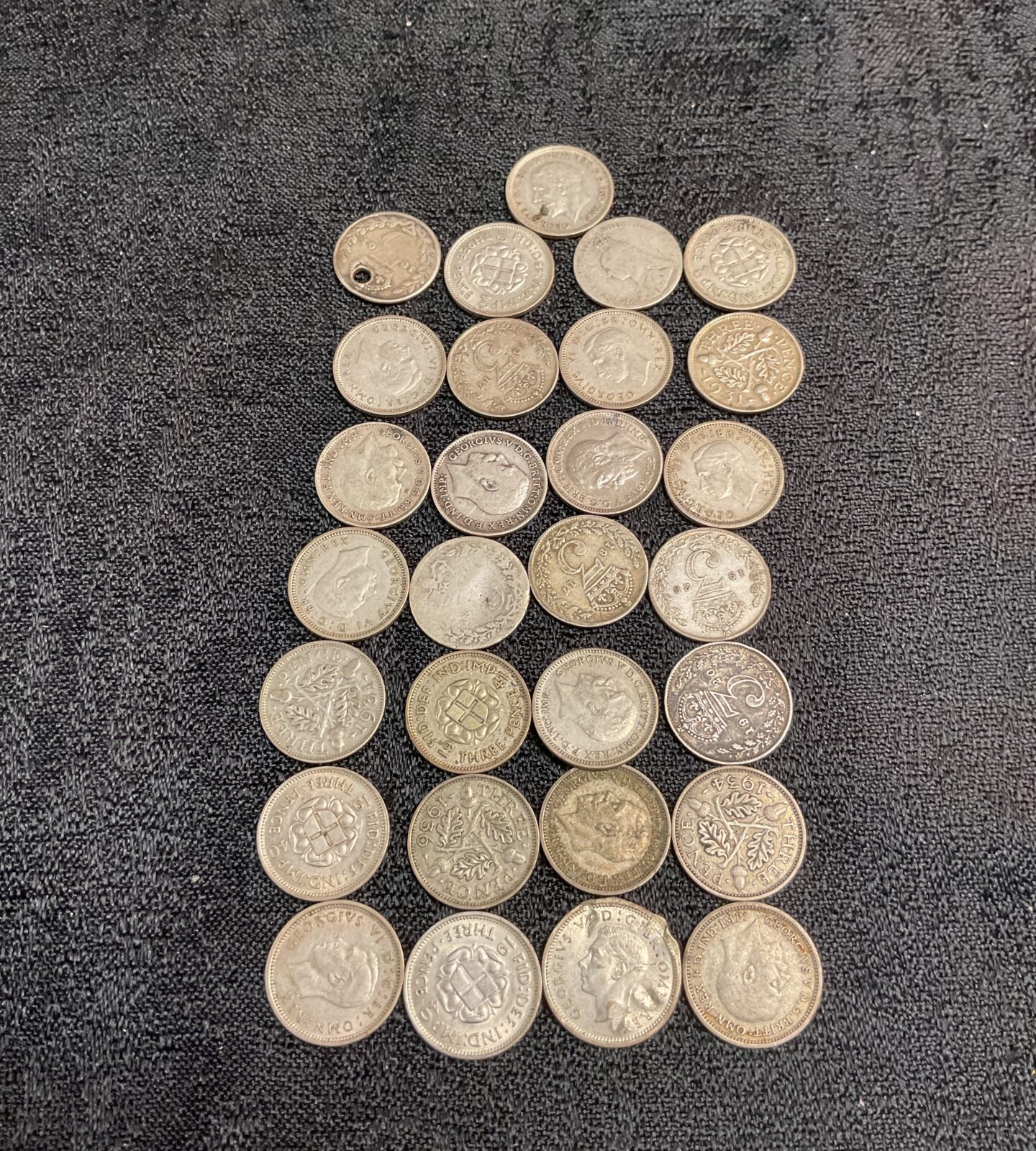 Vintage three penny bit coin collection, British pre-decimal currency.