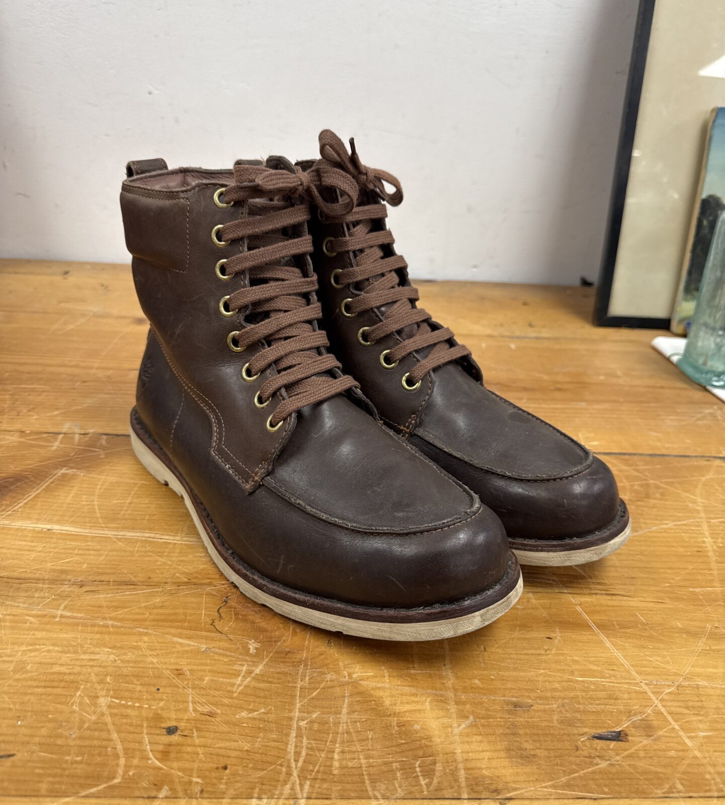 Brown Timberland Earthkeepers boots, side view, size 9.5.