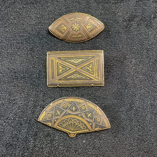 Vintage Toledo Damascene brooch set, intricate Spanish metalwork.