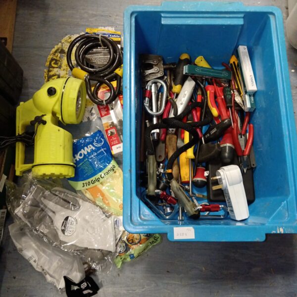 Assorted hand tools including screwdrivers and pliers in a blue box.