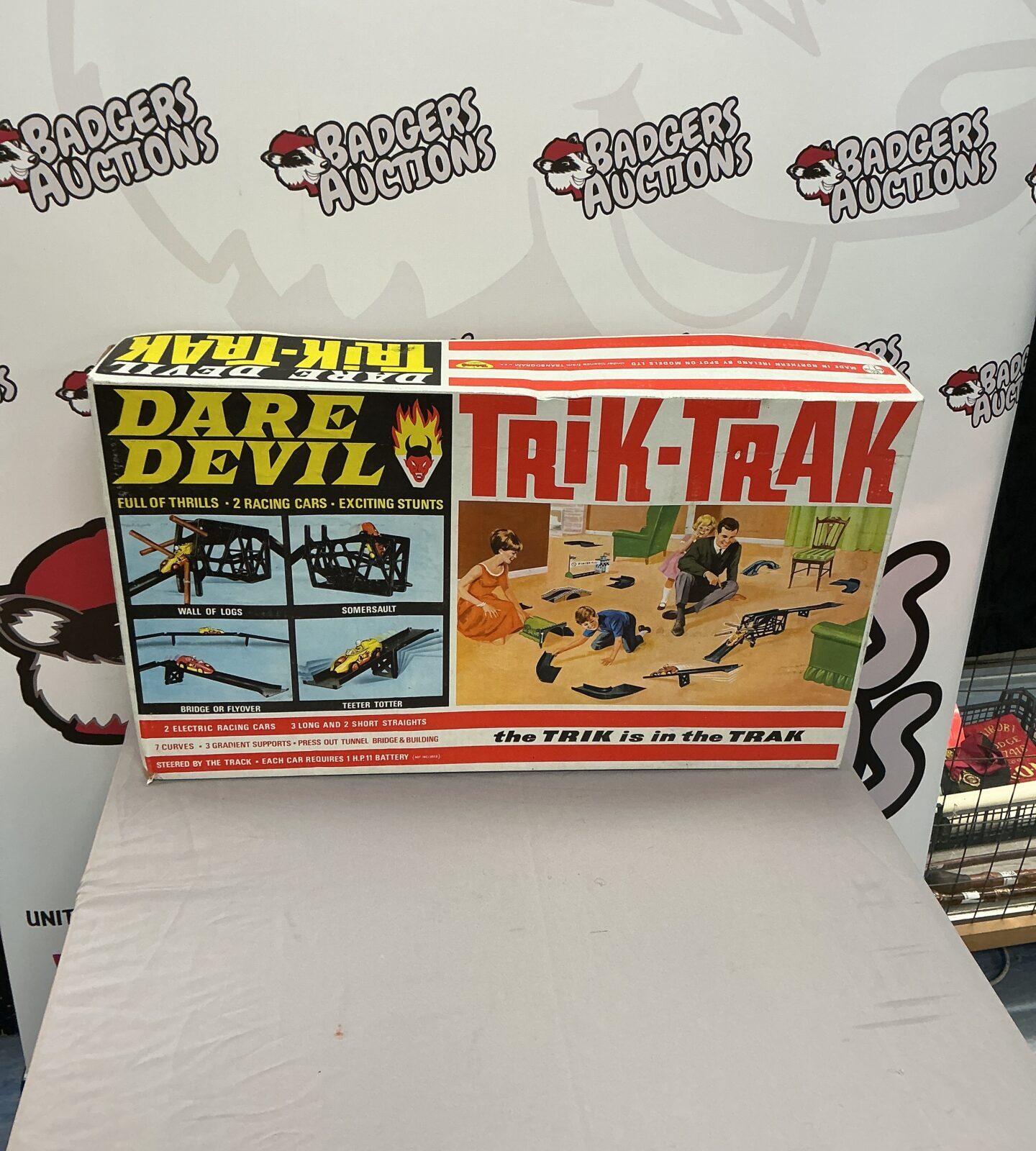 Front view of vintage Trik-Track Dare Devil Set toy box.
