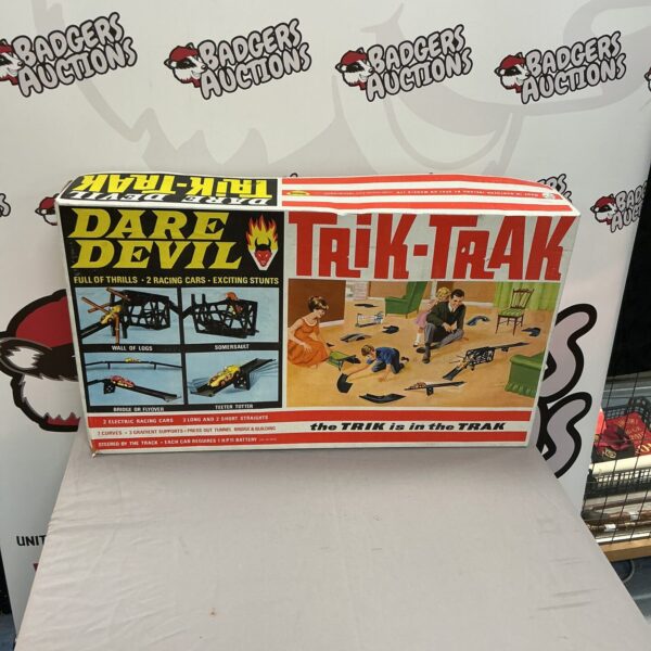 Front view of vintage Trik-Track Dare Devil Set toy box.