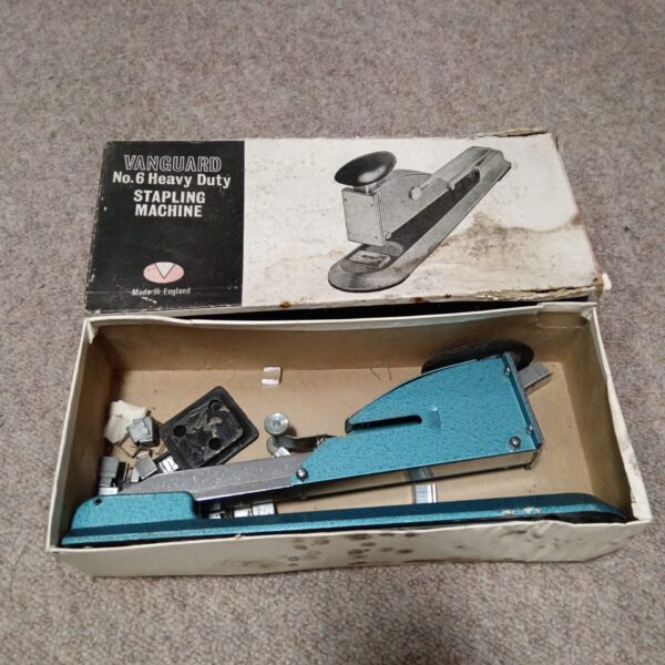 Vintage Vanguard No.6 heavy-duty metal stapler for desk use.