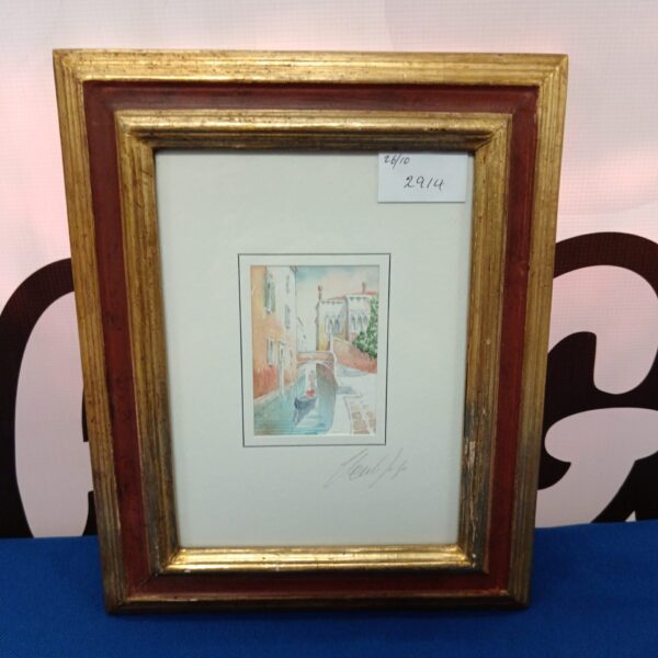 Signed miniature watercolour painting of a Venice canal with gondola.