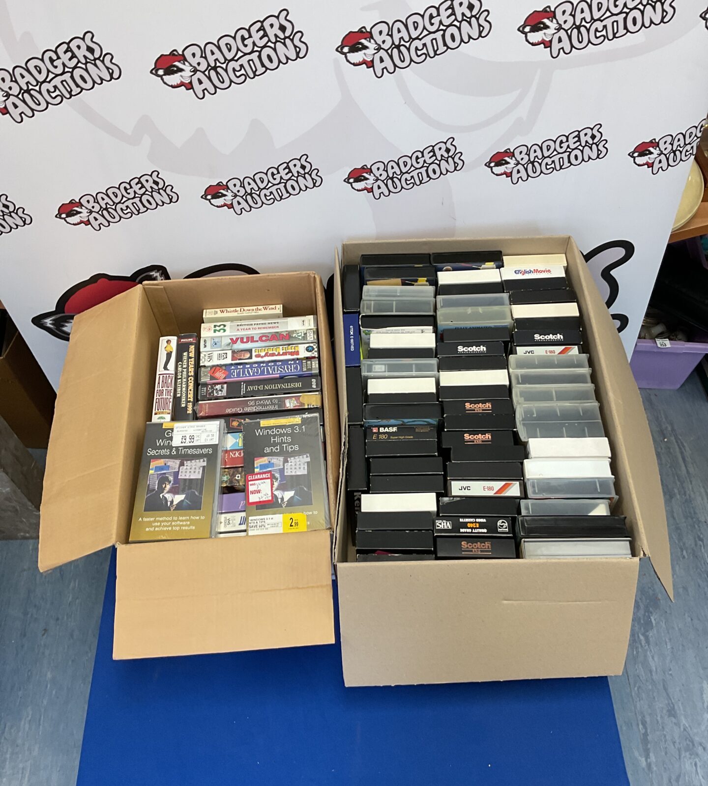 Mixed lot of vintage VHS tapes from Scotch, TDK, and BASF.