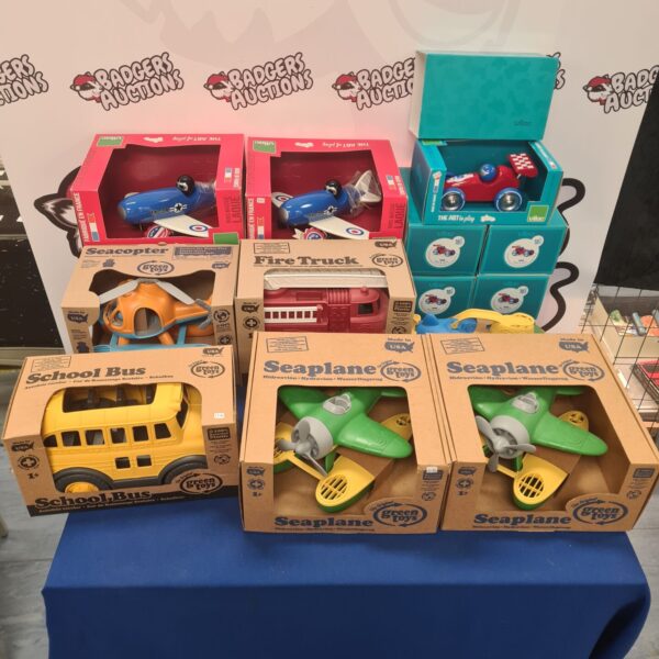 Vilac and Green Toys vehicle bundle with colourful wooden and plastic toys.