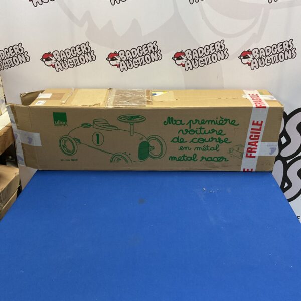 New boxed Vilac metal ride-on racer for children.