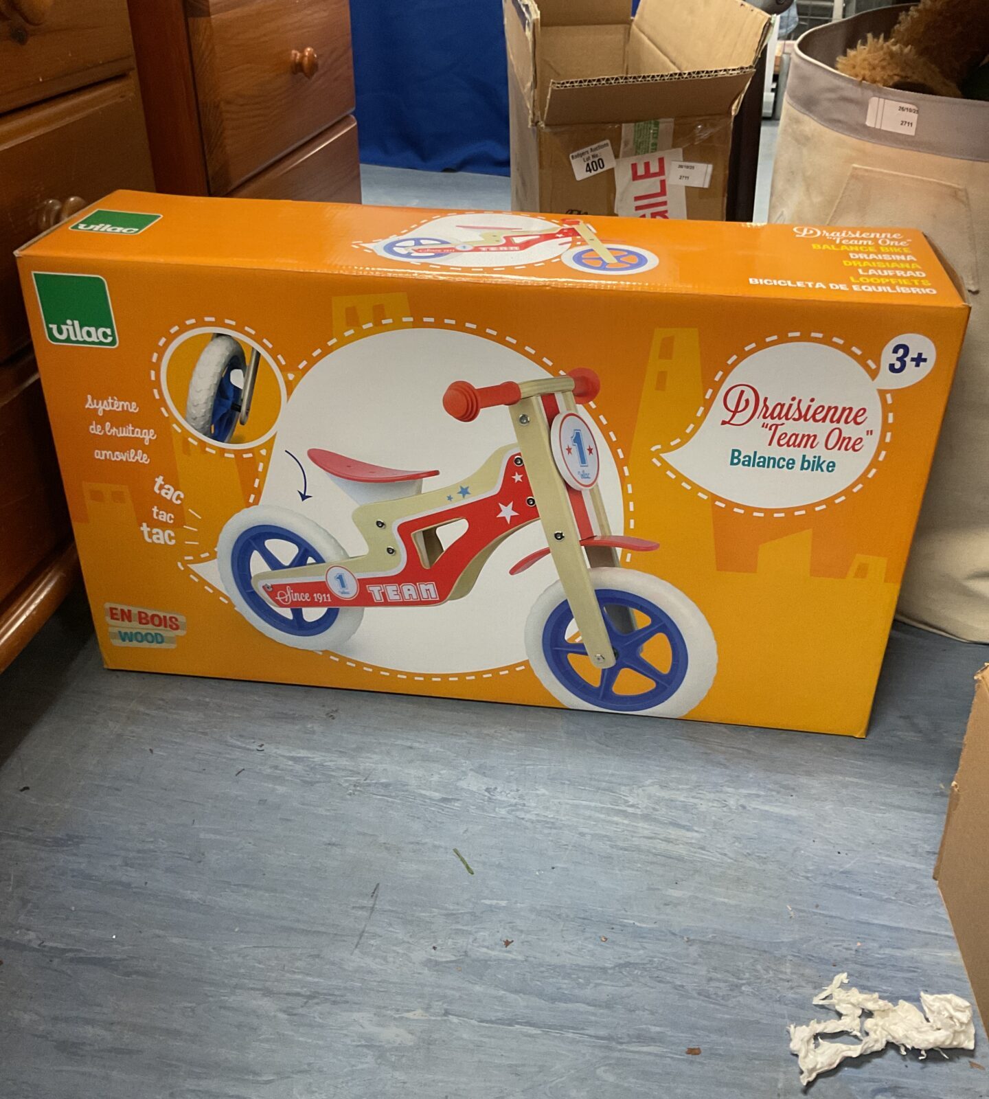 New in box Vilac wooden balance bike, classic children's toy.