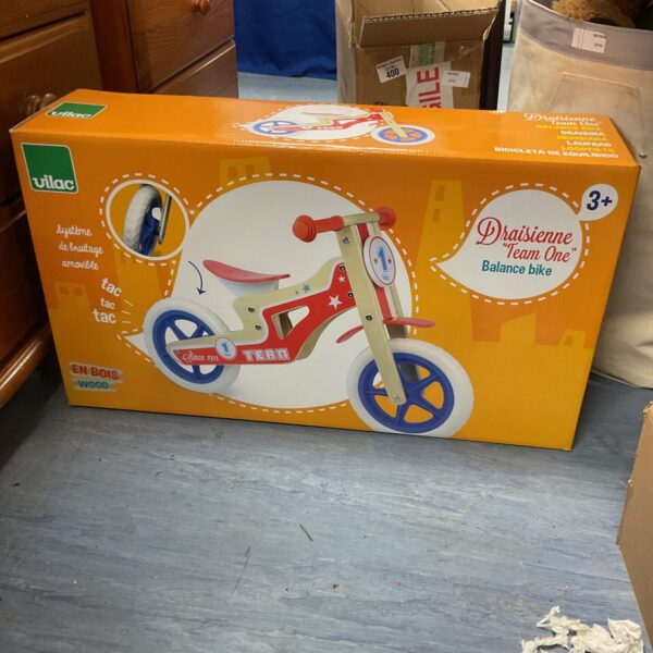 New in box Vilac wooden balance bike, classic children's toy.