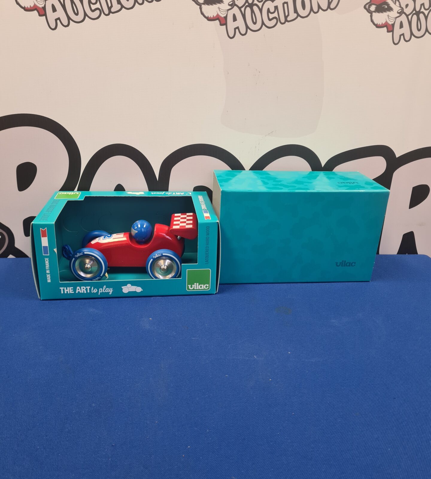 New boxed Vilac wooden race car, classic French toy.