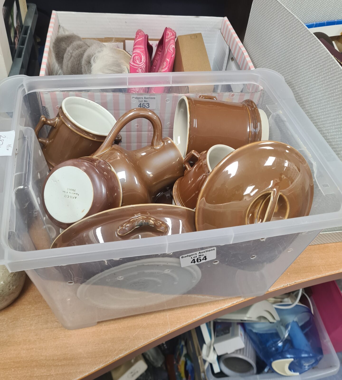 Vintage Apilco pottery set with brown glaze and cups.