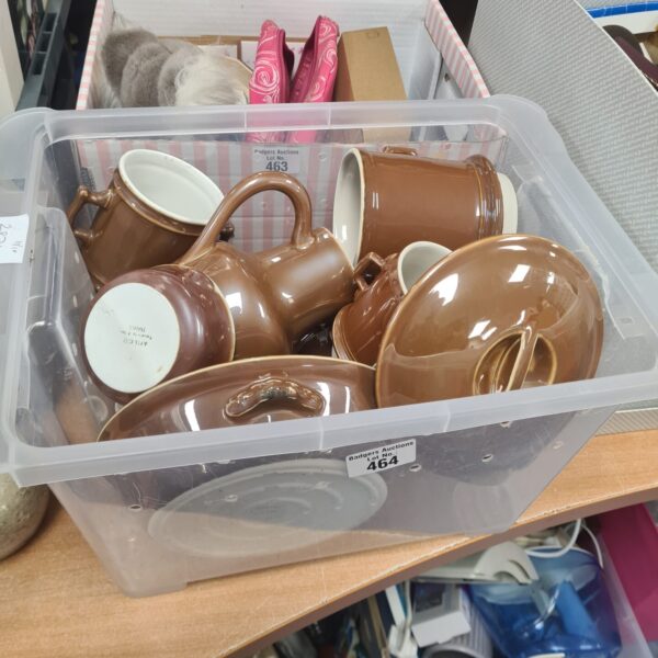 Vintage Apilco pottery set with brown glaze and cups.