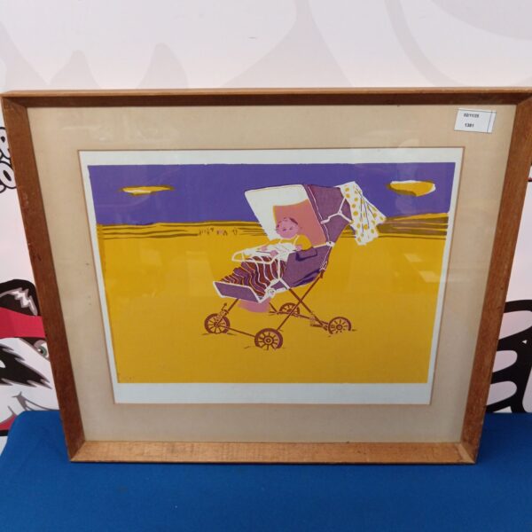 Vintage screen print of a baby in a buggy, mid-century modern style.