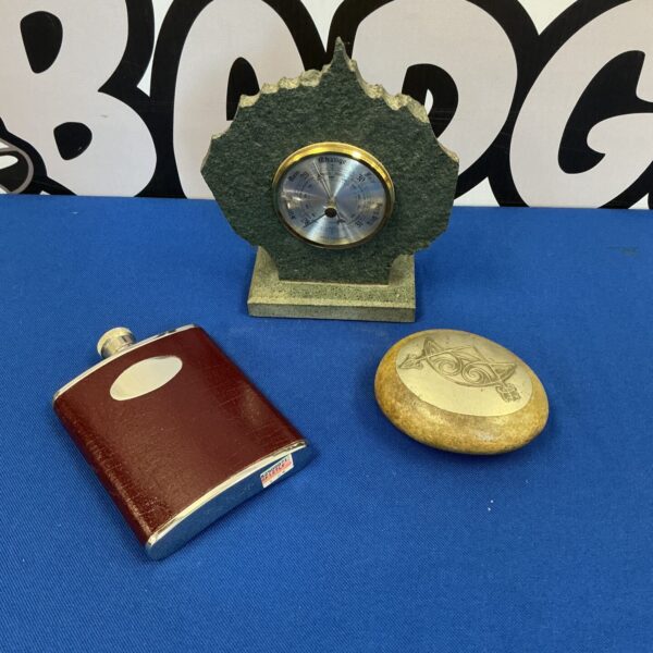 Vintage Weathermaster barometer with hip flask and polished stone.