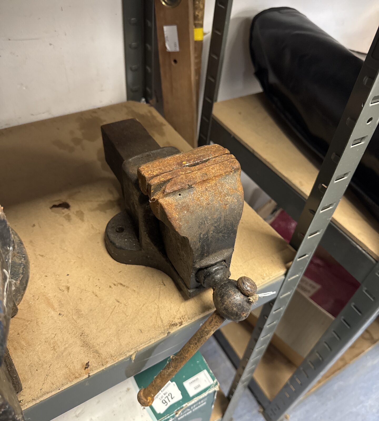 Vintage bench vice for metalworking and workshop use.