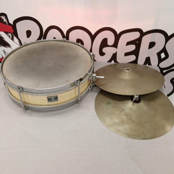Vintage Beverley snare drum with chrome hardware and bright finish.