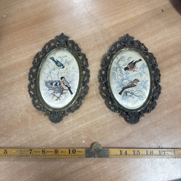 Pair of vintage brass framed silk bird embroideries.