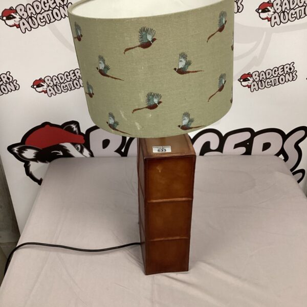 Vintage bird shade lamp with leather base and colourful bird design.