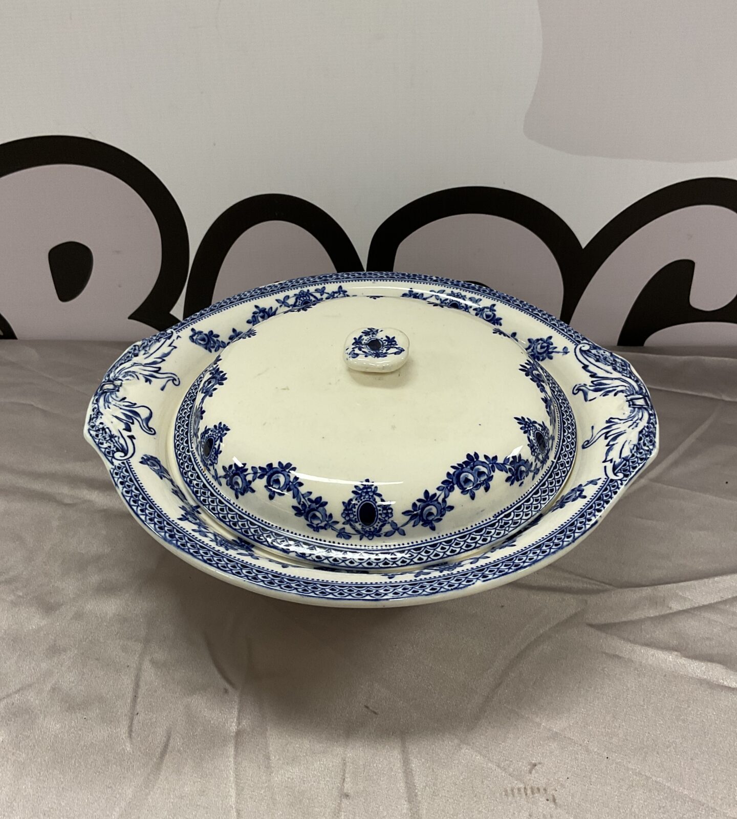 Vintage blue and white porcelain serving dish with lid.