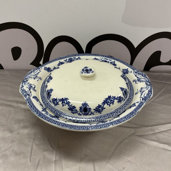 Vintage blue and white porcelain serving dish with lid.